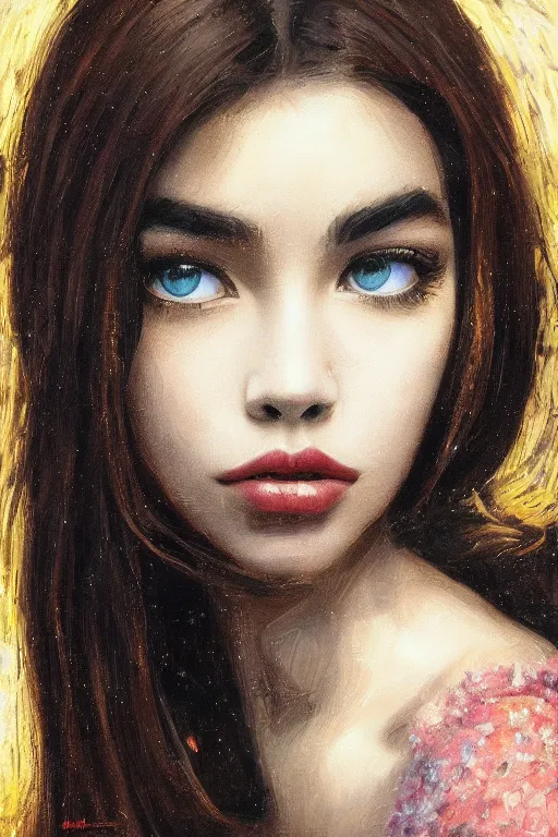 Image similar to madison beer painted by darrell k. sweet and edd cartier, trending on artstation, moon light fish eye illustrator, bokeh, magic realism, dutch golden age, expressionism