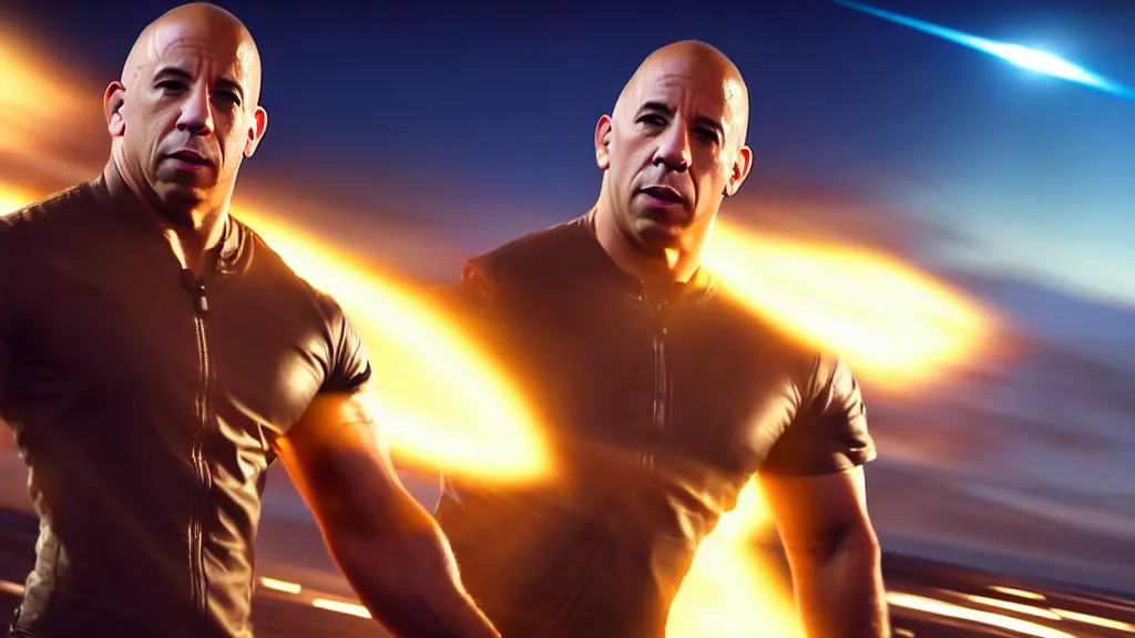 Image similar to extreme wide shot of vin diesel as saitama!!! throwing!!! a car!!!!!!!!!! into space, ultra realistic, lens flare, atmosphere, glow, detailed, intricate, full of colour, cinematic lighting, trending on artstation, 4 k, hyperrealistic, focused, extreme details, unreal engine 5, cinematic, masterpiece