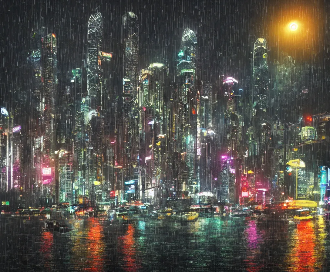 Image similar to hong kong in 2042, night time, rain, surreal atmosphere