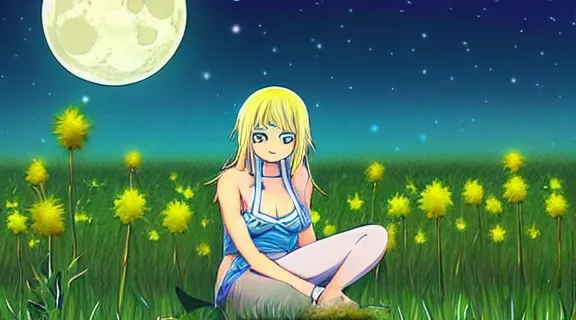 Image similar to Lucy Heartfilia sitting in a field of Ghibli Clover | Big Moon at Night | GLOWING FLOWERS | strong blue rimlit | visual-key | anime illustration | highly detailed | in the style of Anmi