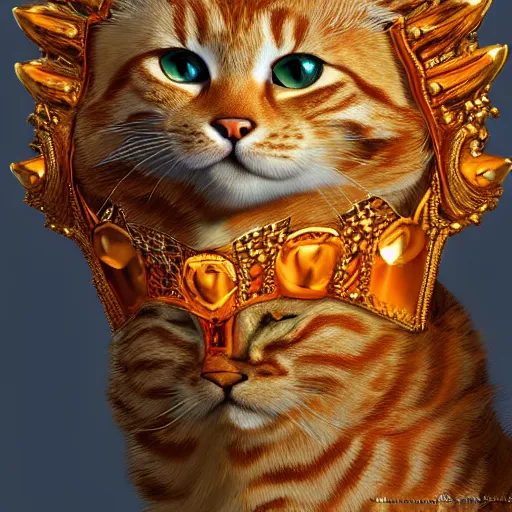 Image similar to colossal orange royal king tabby cat wearing an intricate detailed golden crown, golden hour, fantasy, vivid colors, sharp focus, digital art, hyper - realistic, 4 k, unreal engine, highly detailed, hd, dramatic lighting by brom, trending on artstation