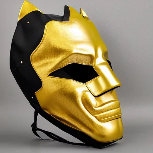 Image similar to luxury crocodile leather batman mask with golden seams, luxury item showcase, studio lighting