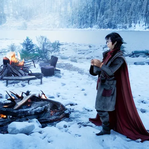 Image similar to a movie still from final fantasy live action, a traveler alone by the campfire in the snow