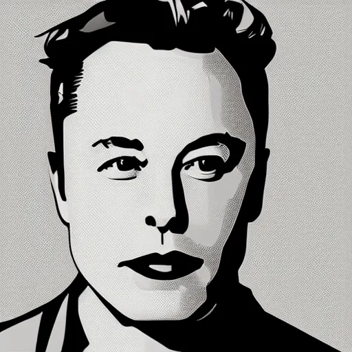 Image similar to a simplified black and white vector based illustration of Elon Musk, created in Adobe illustrator, black ink shading on white background, smooth vector curves, vinyl cut ready