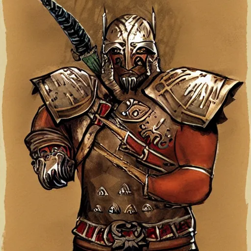 Image similar to a kislev warrior who is wearing iron gauntlets in the shape of bear claws in the style of warhammer fantasy : : head and shoulders drawing