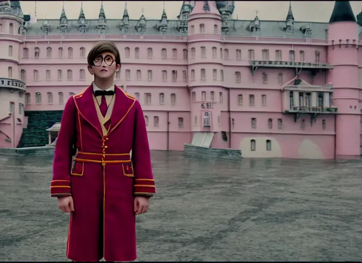 Prompt: a film still of cosplay of harry potter in the grand budapest hotel ( 2 0 1 4 ), 4 k