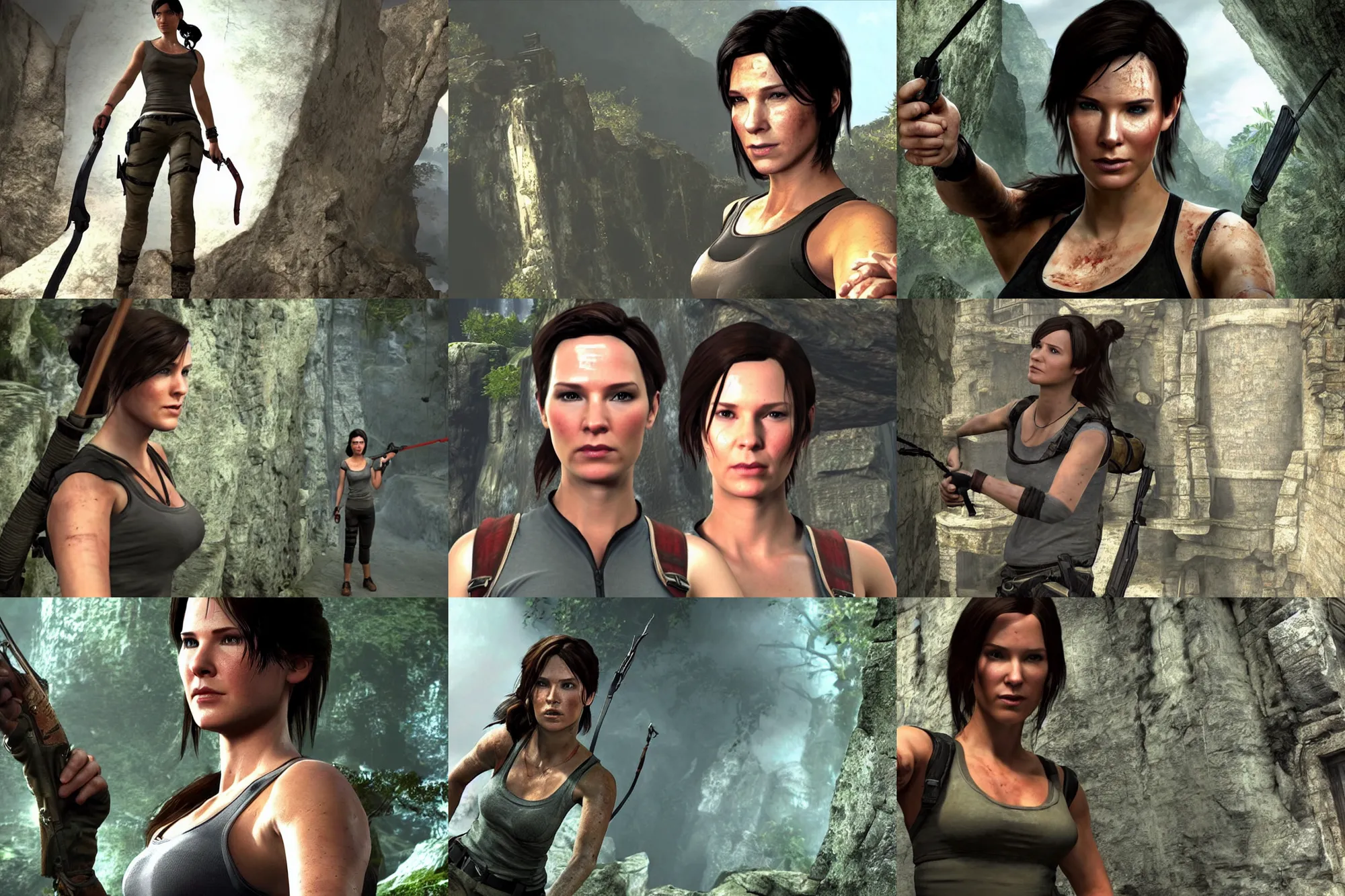 Prompt: a screenshot of a female benedict cumberbatch in the video game tomb raider. 3 d rendering. unreal engine. amazing likeness. very detailed. cartoon caricature.