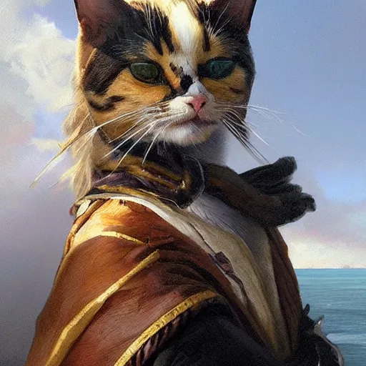 Image similar to Portrait of a Cat as a Pirate, photo, highly detailed oil painting, photorealistic, highly detailed, digital painting, artstation, concept art, smooth, sharp focus, illustration, art by artgerm and greg rutkowski and alphonse mucha