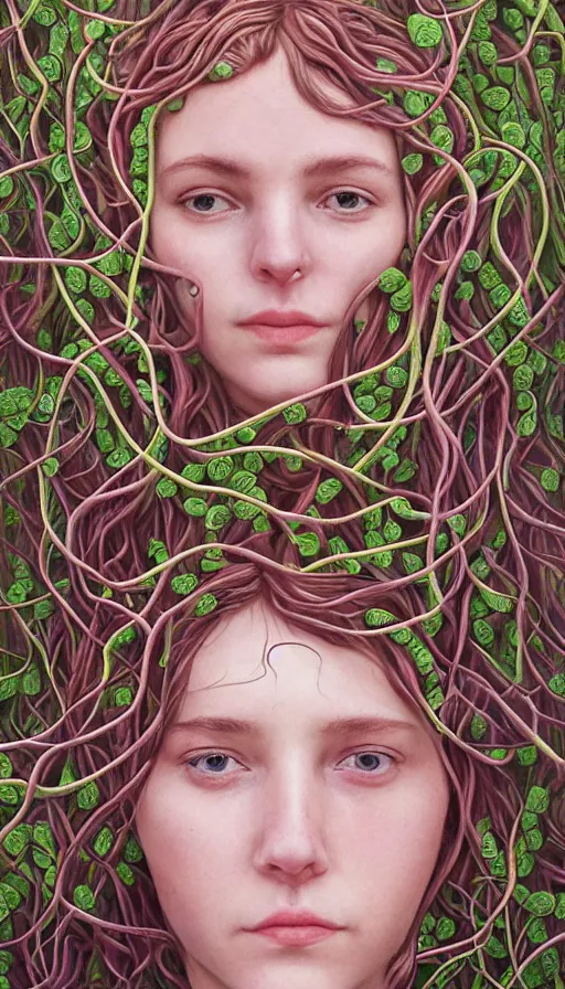 Prompt: very detailed portrait of a 2 0 years old girl surrounded by tentacles, the youg woman visage is blooming from fractal and vines, by alyssa monks