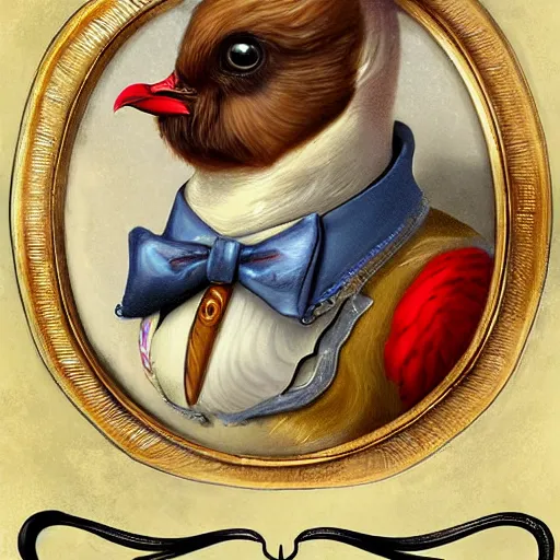 Image similar to a chicken butler with a fancy mustache and a monocle, high detail, digital art,