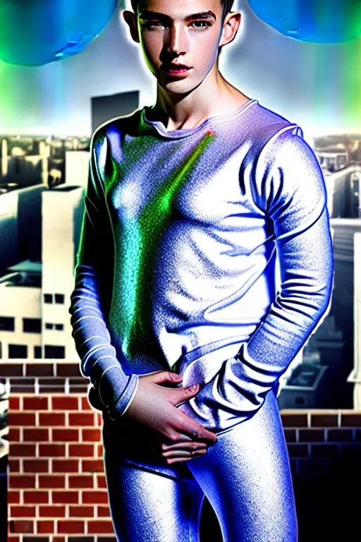 Image similar to un ultra high definition studio quality photographic art portrait of a young man standing on the rooftop of a british apartment building wearing soft padded silver pearlescent clothing. three point light. extremely detailed. golden ratio, ray tracing, volumetric light, shallow depth of field. set dressed.