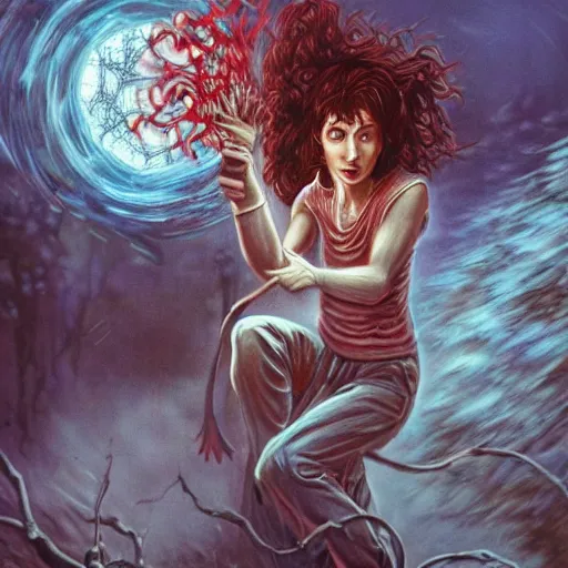 Image similar to kate bush battling vecna from stranger things, d & d, exquisite airbrush painting from the eighties, intricate detail, artstation,