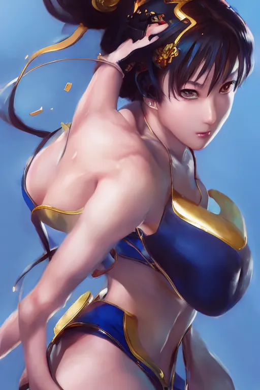 Prompt: A beautiful semi realistic anime portrait of Chun li, by Stanley Artgerm Lau, WLOP, Ross Tran, James Jean, Andrei Riabovitchev, Marc Simonetti, and Sakimichan, Hyung Tae Kim, trending on artstation