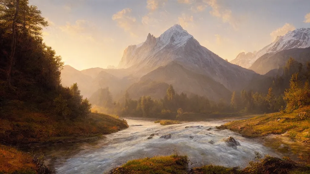 Prompt: High-Quality realist painting of a river crossing a valley in the Alps at dawn, peaceful, very detailed, digital art.