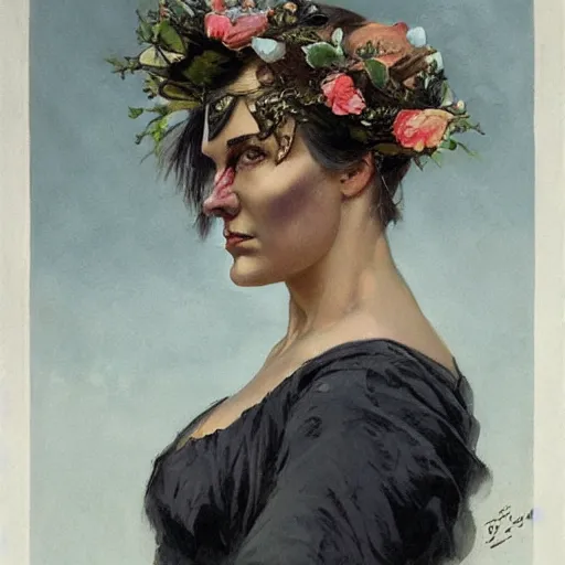 Image similar to epic portrait an woman with a skull face and wet flowing hair, flower crown, made by j. c. leyendecker