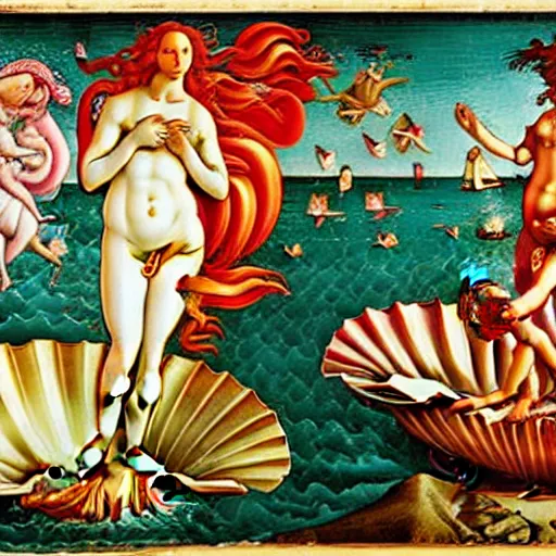 Prompt: birth of venus boticelli. emergeing from a sandwich. venus emerging from sandwich.