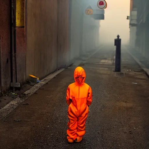 Prompt: a child wearing an orange hazmat suit on a post-war era street, dark smoke in the background, filthy streets, broken cars. Vines growing. Jpeg artifacts. Award-winning photo. Samyang/Rokinon Xeen 50mm T1.5