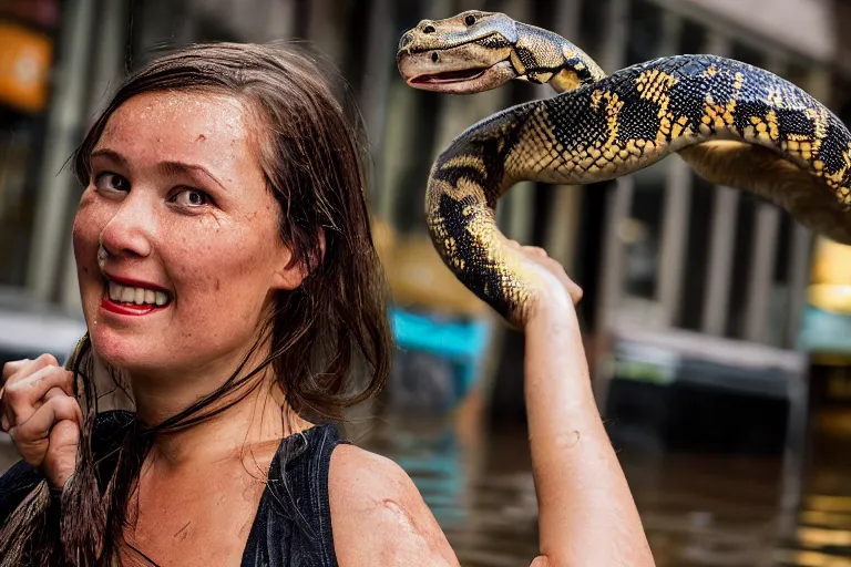 Image similar to closeup portrait of a woman carrying a python over her head in a flood in Rundle Mall in Adelaide in South Australia, photograph, natural light, sharp, detailed face, magazine, press, photo, Steve McCurry, David Lazar, Canon, Nikon, focus