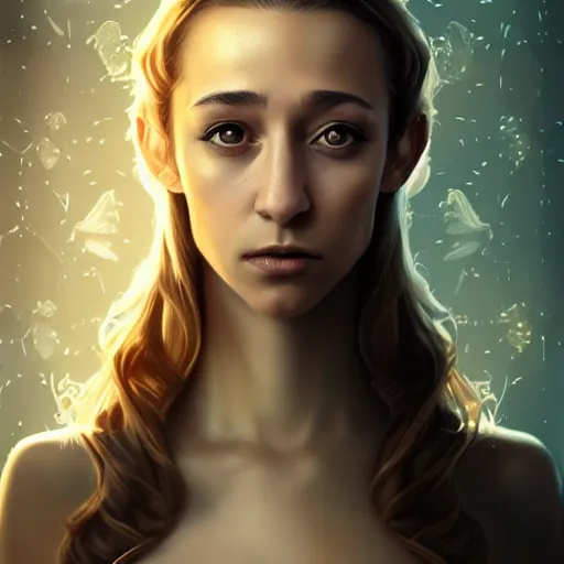 Image similar to gorgeous female stella maeve magician, realistic character concept, medium shot, elegant pose, spooky, illustration, symmetrical face and body, realistic symmetrical eyes, artstation, cinematic lighting, detailed realistic symmetrical eyes, 8 k, charlie bowater, tom bagshaw, single face, insanely detailed and intricate elegant, autumn leaves