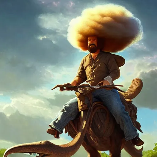 Image similar to bob ross!!! riding!!! a dinosaur!!, giant afro!, model pose, ultra realistic, concept art, intricate details, highly detailed, photorealistic, octane render, 8 k, unreal engine. art by artgerm and greg rutkowski and alphonse mucha