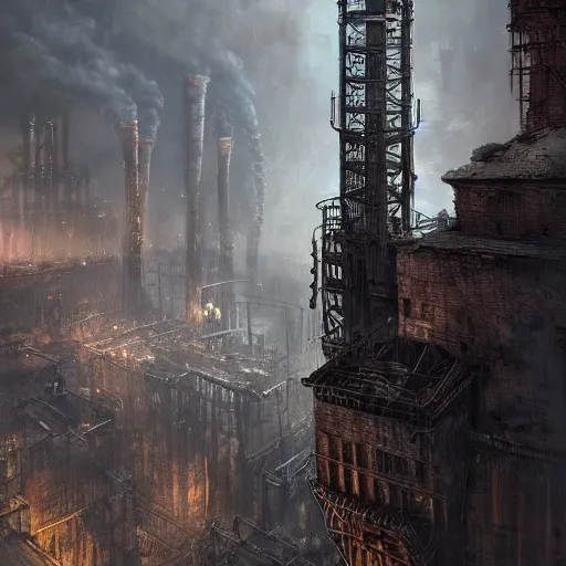 Prompt: highly detailed concept art of monumental chimney of the huge steelworks in the steampunk underground city/factory trending on Artstation by Daniel Dociu and Greg Rutkowski, high quality, dieselpunk, architecture, frostpunk, steampunk industrial area, pollution and smoke, rusty, heat and steam, ultra detailed, ultra realistic, dystopia