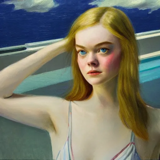 Image similar to Elle Fanning at the pool at night, head and shoulders portrait, stormy weather, extremely detailed masterpiece, Roger Deakin’s cinematography, oil on canvas, Edward Hopper,