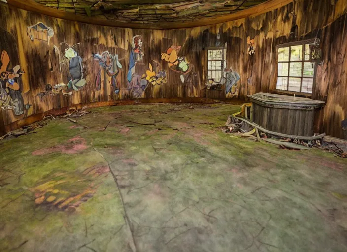 Prompt: the inside of the building for a Winnie the Pooh Disney theme park ride, indoor ride, shut down, abandoned, Florida, out of business building, got shut down, kids place, interior, liminal spaces, backrooms, empty