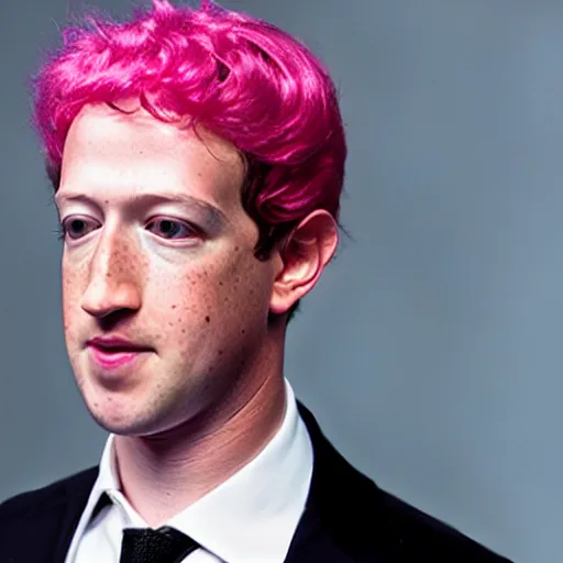 Prompt: photo of Mark Zuckerberg wearing a long pink wig