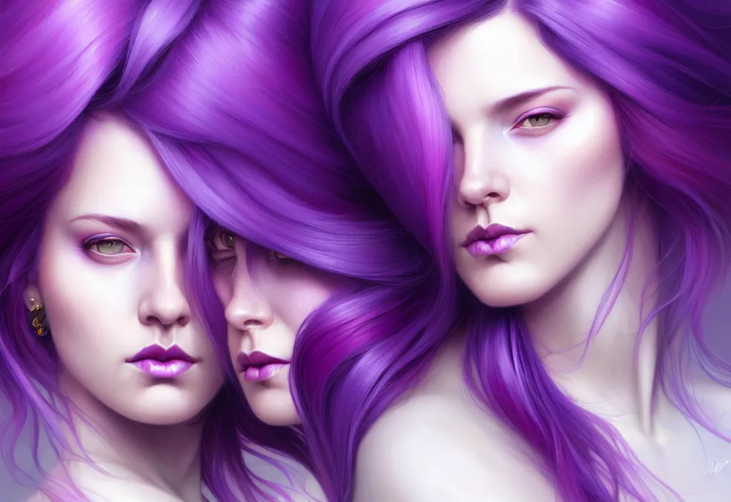 Image similar to Purple hair relistic Portrait of a two woman with bright colored flying hair, all shades of purple. Beauty face, Hair coloring, fantasy, intricate, elegant, highly detailed, digital painting, artstation, concept art, smooth, sharp focus, illustration, art by artgerm and greg rutkowski and alphonse mucha