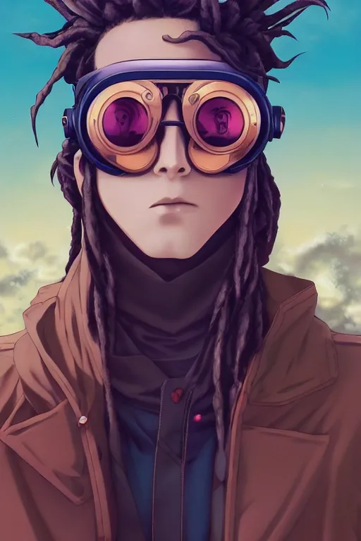 Image similar to portrait of an anime manga guy with dreads and goggles, straight on portrait, by artgerm, james jean, tom bagshaw, gerald brom, vaporwave colors, lofi colors, vaporwave, lofi, goth vibe, 4 k, smooth, hd, substance designer render, full body character concept art, symmetrical,