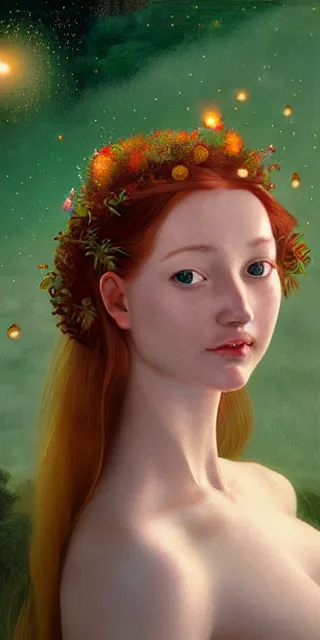 Image similar to infp young woman, smiling amazed, golden fireflies lights, full covering intricate detailed dress, amidst nature, long red hair, accurate linework, green eyes, small nose with freckles, oval shape face, realistic, expressive emotions, dramatic lights, hyper realistic ultrafine art by artemisia gentileschi, caravaggio, jessica rossier, boris vallejo