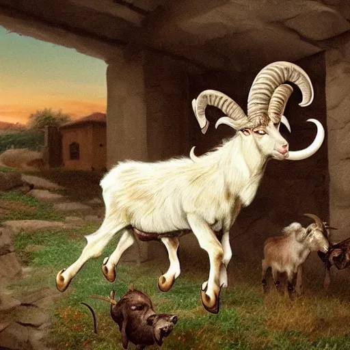 Image similar to hyperrealistic photo of a savage, deformed goat hybrid beast with ram's horns and sharp fangs, attacking a small medieval village