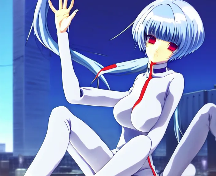 Image similar to anime art, fullbody shot of female rei ayanami, evangelion, long blue hair and large eyes, finely detailed perfect face, in a pale skintight plugsuit, sitting on rooftop, flooded city, trending on pixiv fanbox, by ilya kuvshinov, sola digital arts,, raytracing