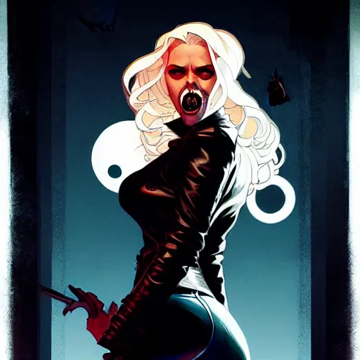 Prompt: rafael albuquerque comic art, peter mohrbacher, steve niles, artgerm, pretty scarlett johansson vampire sharp vampire teeth open mouth, symmetrical eyes, black leather jacket, jeans, long blonde hair, full body