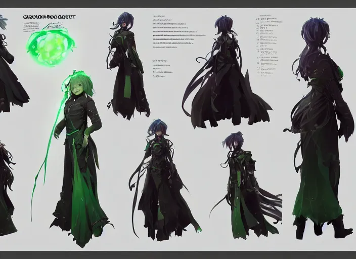 Image similar to character sheet for a beautiful and cute girl for genshin impact by greg rutkowski, black to light green fade hair, genshin impact style, sorcerer magic witch, digital art, trending on artstation, hd, 8 k, highly detailed, good lighting, beautiful, masterpiece