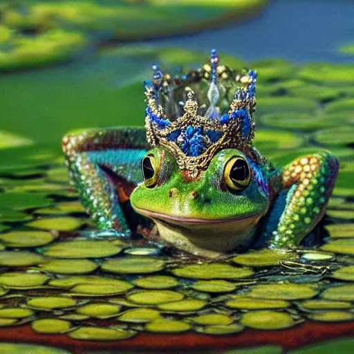 Image similar to fantasy art, close - up of a crowned prince frog in a small crown!!! crown crown crown in the pond with water lilies, shallow depth of field, highly detailed, autumn, rain, masterpiece, matte painting, sharp focus, matte painting, by isaac levitan, by monet, asher brown durand,