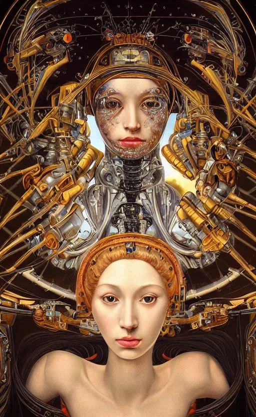 Image similar to beautiful mural of a young cyborg queen, piercing glowing robot eyes, elegant, striking composition, highly detailed ornate sci fi background, mural in the style of sandro botticelli, caravaggio, albrecth durer, 8k