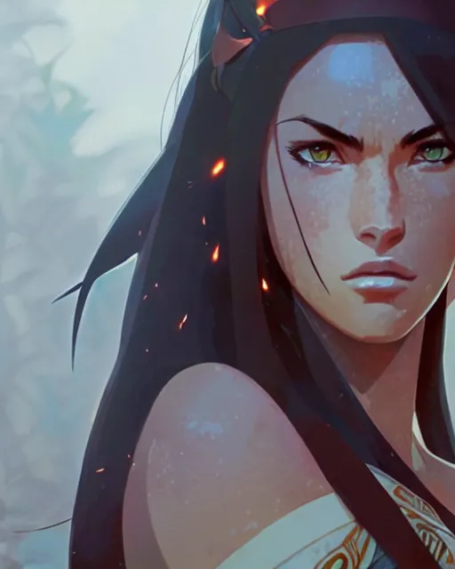 Image similar to azctec warrior, megan fox, detailed perfect face, exquisite details, fire magic, mid view, by studio muti, greg rutkowski makoto shinkai takashi takeuchi studio ghibli