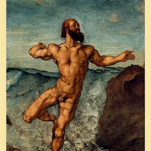 Prompt: muscular man with beard rising from the ocean, painting by Albrecht Dürer