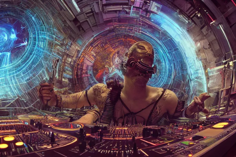 Prompt: a fisheye lens photo of a post apocalyptic tribal cyborg dj god tweaking and playing synthesizers in the most complicated and technical spiral fractal musical studio, powerful, cinematic, beautifully lit, by donato giancola, by artgerm, by karol bak, 3 d, perfect face and body, trending on artstation, octane render, 8 k