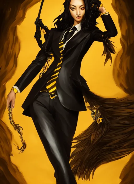 Image similar to a highly detailed illustration of meisa kuroki wearing black suit and tie with coattails, yellow eyes, dramatic elegant pose, strings background, intricate, elegant, highly detailed, centered, digital painting, artstation, concept art, smooth, sharp focus, league of legends concept art, wlop.