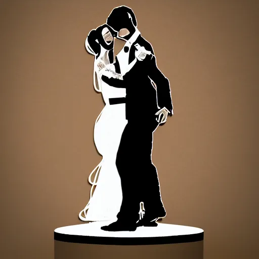 Image similar to exaggerated image of a bride and groom dancing on top of a cake, a rotoscoped image, rotoscoping, digital art, artstation, award winning image