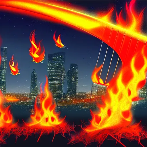 Image similar to in the lower part of the picture is the harp burning in the fire, above are cranes flying in flames, digital painting, concept art