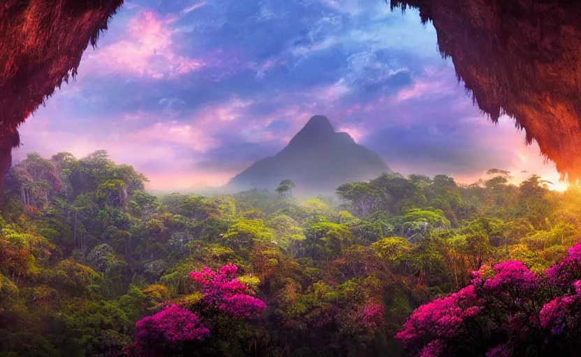 Image similar to a beautiful render of a dark prehistoric rainforest in a humongous cave lush flora patches of sky magenta flowers sunset floating mount