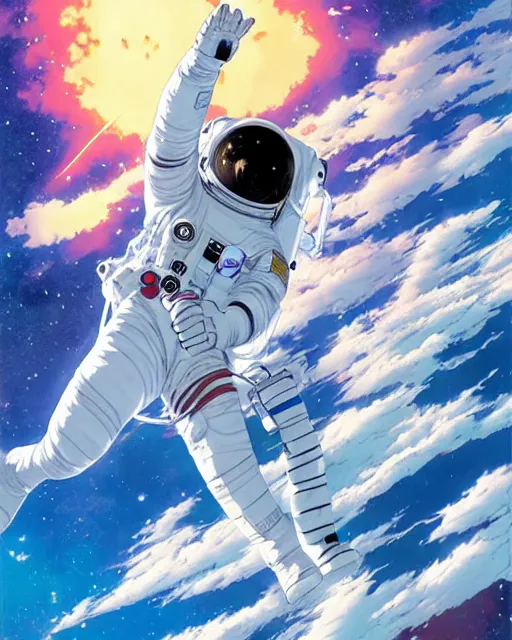 Prompt: astronaut floating in space, art by makoto shinkai and alan bean, yukito kishiro