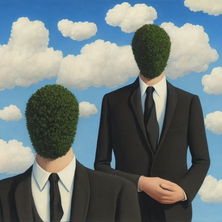 Image similar to portrait of a faceless shadow - head man in a suit, clouds in the background, by rene magritte, detailed painting, distance, centered, hd, hq, high resolution, high detail, 4 k, 8 k