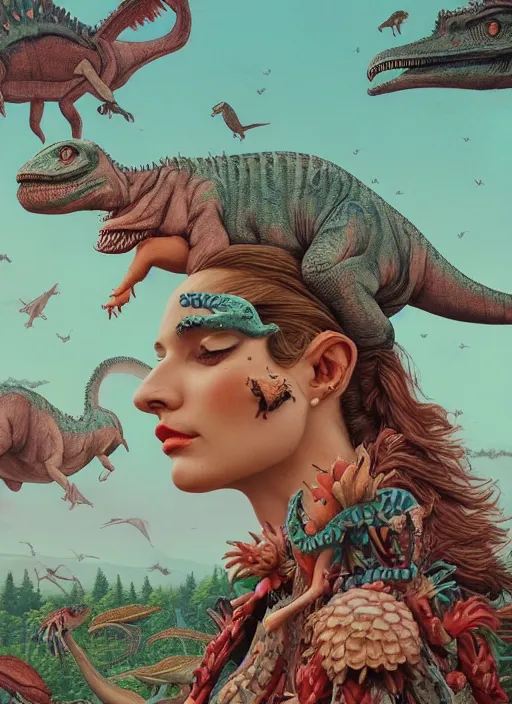 Prompt: pretty model with cute dinosaurs : : by martine johanna and simon stalenhag and chie yoshii and casey weldon and wlop : : ornate, dynamic, particulate, rich colors, intricate, elegant, highly detailed, vogue, harper's bazaar art, fashion magazine, detailed face, smooth, sharp focus, 8 k, octane render,