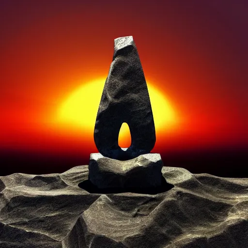 Image similar to cracked stone statue of λ symbol, epic sunset in the background, highly detailed digital art