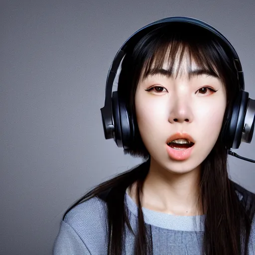 Image similar to wonderful young japanese girl with a mixer playing music, with headphones in her ears, with a sweatshirt with a cap with techno letters, with a vinyl in her hand, in a dark industrial park, realistic mouth, high definition, detailed and symmetrical face, detailed and realistic hands, expressive eyes, 4 k, bright color, epic digital art