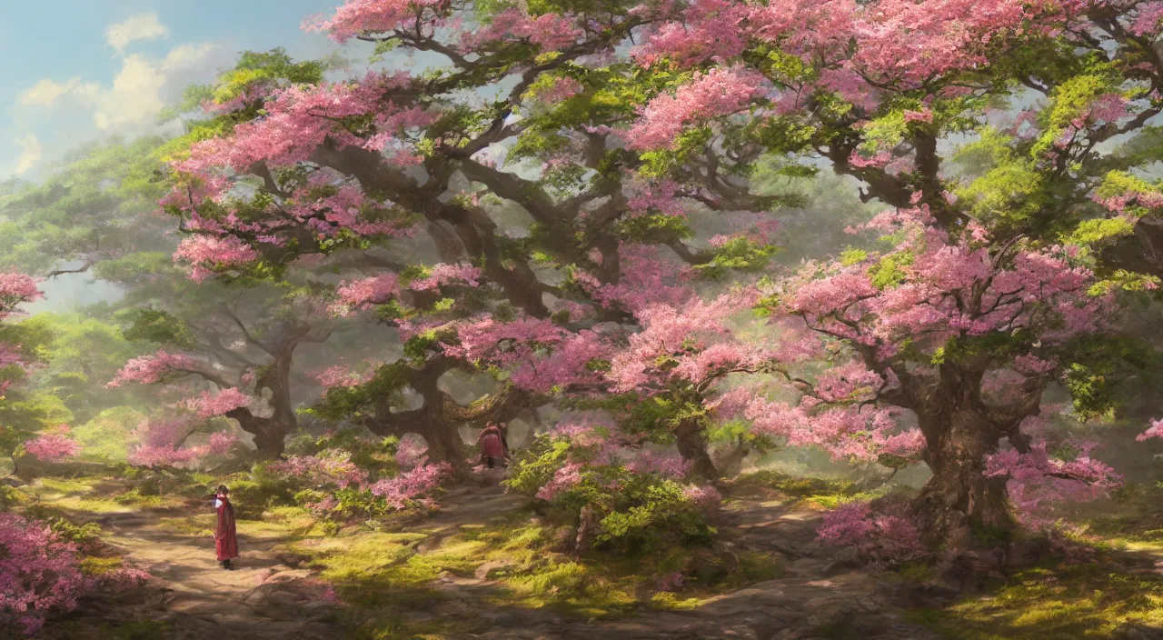 Prompt: high quality concept art from a historical fiction video game set in japan, a countryside in springtime, beautiful oil painting, concept art, trending on ArtStation, 4K HD, 35mm f/5.0